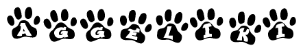 The image shows a series of animal paw prints arranged in a horizontal line. Each paw print contains a letter, and together they spell out the word Aggeliki.