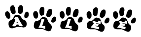 The image shows a series of animal paw prints arranged horizontally. Within each paw print, there's a letter; together they spell Allee