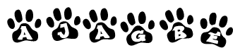 The image shows a series of animal paw prints arranged horizontally. Within each paw print, there's a letter; together they spell Ajagbe