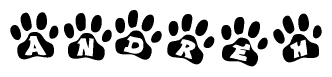 The image shows a series of animal paw prints arranged in a horizontal line. Each paw print contains a letter, and together they spell out the word Andreh.