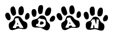 The image shows a series of animal paw prints arranged horizontally. Within each paw print, there's a letter; together they spell Adan