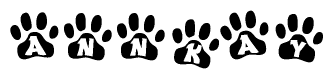 The image shows a series of animal paw prints arranged horizontally. Within each paw print, there's a letter; together they spell Annkay