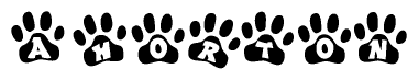 The image shows a row of animal paw prints, each containing a letter. The letters spell out the word Ahorton within the paw prints.