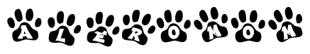 The image shows a series of animal paw prints arranged in a horizontal line. Each paw print contains a letter, and together they spell out the word Aleromom.