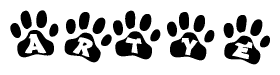 The image shows a series of animal paw prints arranged horizontally. Within each paw print, there's a letter; together they spell Artye