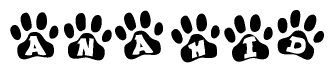 The image shows a series of animal paw prints arranged in a horizontal line. Each paw print contains a letter, and together they spell out the word Anahid.