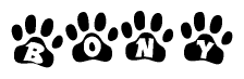 The image shows a row of animal paw prints, each containing a letter. The letters spell out the word Bony within the paw prints.