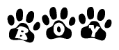 The image shows a series of animal paw prints arranged horizontally. Within each paw print, there's a letter; together they spell Boy
