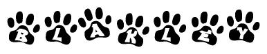 The image shows a series of animal paw prints arranged in a horizontal line. Each paw print contains a letter, and together they spell out the word Blakley.