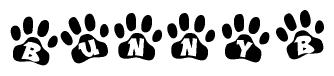 The image shows a series of animal paw prints arranged horizontally. Within each paw print, there's a letter; together they spell Bunnyb