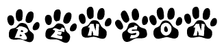 The image shows a series of animal paw prints arranged horizontally. Within each paw print, there's a letter; together they spell Benson