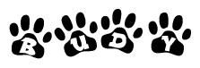 The image shows a row of animal paw prints, each containing a letter. The letters spell out the word Budy within the paw prints.