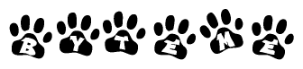 The image shows a row of animal paw prints, each containing a letter. The letters spell out the word Byteme within the paw prints.