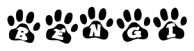 The image shows a row of animal paw prints, each containing a letter. The letters spell out the word Bengi within the paw prints.