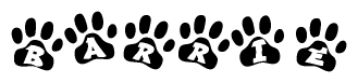 The image shows a series of animal paw prints arranged horizontally. Within each paw print, there's a letter; together they spell Barrie