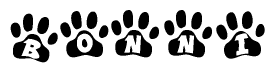 The image shows a series of animal paw prints arranged horizontally. Within each paw print, there's a letter; together they spell Bonni