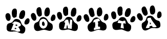 The image shows a row of animal paw prints, each containing a letter. The letters spell out the word Bonita within the paw prints.