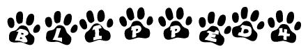 The image shows a series of animal paw prints arranged horizontally. Within each paw print, there's a letter; together they spell Blipped4