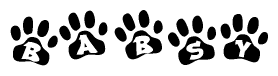   The image shows a series of animal paw prints arranged in a horizontal line. Each paw print contains a letter, and together they spell out the word Babsy. 