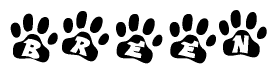The image shows a series of animal paw prints arranged in a horizontal line. Each paw print contains a letter, and together they spell out the word Breen.