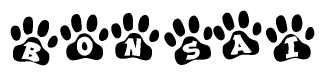 The image shows a series of animal paw prints arranged in a horizontal line. Each paw print contains a letter, and together they spell out the word Bonsai.
