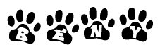 The image shows a series of animal paw prints arranged in a horizontal line. Each paw print contains a letter, and together they spell out the word Beny.