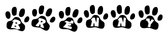 The image shows a series of animal paw prints arranged horizontally. Within each paw print, there's a letter; together they spell Brenny