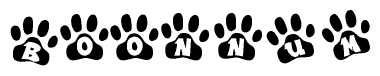 The image shows a series of animal paw prints arranged horizontally. Within each paw print, there's a letter; together they spell Boonnum