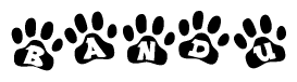 The image shows a series of animal paw prints arranged in a horizontal line. Each paw print contains a letter, and together they spell out the word Bandu.