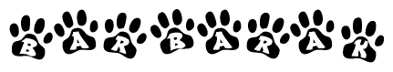 The image shows a row of animal paw prints, each containing a letter. The letters spell out the word Barbarak within the paw prints.