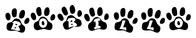 The image shows a series of animal paw prints arranged in a horizontal line. Each paw print contains a letter, and together they spell out the word Bobillo.