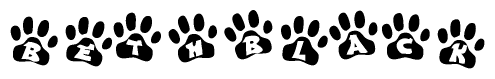 The image shows a series of animal paw prints arranged horizontally. Within each paw print, there's a letter; together they spell Bethblack