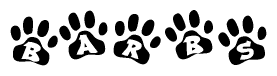 The image shows a row of animal paw prints, each containing a letter. The letters spell out the word Barbs within the paw prints.