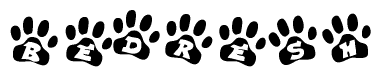 The image shows a row of animal paw prints, each containing a letter. The letters spell out the word Bedresh within the paw prints.