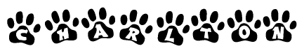 The image shows a series of animal paw prints arranged horizontally. Within each paw print, there's a letter; together they spell Charlton