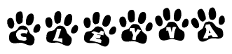 The image shows a series of animal paw prints arranged in a horizontal line. Each paw print contains a letter, and together they spell out the word Cleyva.