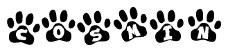 The image shows a series of animal paw prints arranged in a horizontal line. Each paw print contains a letter, and together they spell out the word Cosmin.
