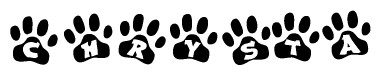 The image shows a series of animal paw prints arranged horizontally. Within each paw print, there's a letter; together they spell Chrysta