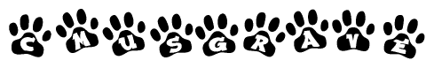 The image shows a series of animal paw prints arranged in a horizontal line. Each paw print contains a letter, and together they spell out the word Cmusgrave.