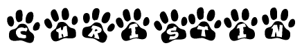 The image shows a row of animal paw prints, each containing a letter. The letters spell out the word Christin within the paw prints.