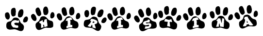 The image shows a series of animal paw prints arranged horizontally. Within each paw print, there's a letter; together they spell Chiristina