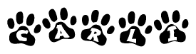 The image shows a row of animal paw prints, each containing a letter. The letters spell out the word Carli within the paw prints.