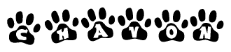 The image shows a series of animal paw prints arranged in a horizontal line. Each paw print contains a letter, and together they spell out the word Chavon.
