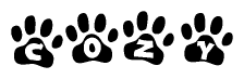 The image shows a series of animal paw prints arranged horizontally. Within each paw print, there's a letter; together they spell Cozy