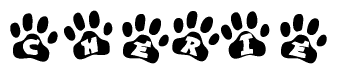 The image shows a row of animal paw prints, each containing a letter. The letters spell out the word Cherie within the paw prints.