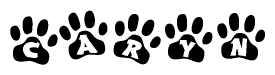 The image shows a series of animal paw prints arranged in a horizontal line. Each paw print contains a letter, and together they spell out the word Caryn.