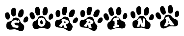 The image shows a row of animal paw prints, each containing a letter. The letters spell out the word Corrina within the paw prints.