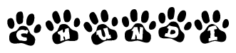The image shows a series of animal paw prints arranged in a horizontal line. Each paw print contains a letter, and together they spell out the word Chundi.