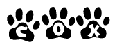 The image shows a row of animal paw prints, each containing a letter. The letters spell out the word Cox within the paw prints.