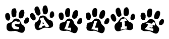 The image shows a series of animal paw prints arranged horizontally. Within each paw print, there's a letter; together they spell Callie